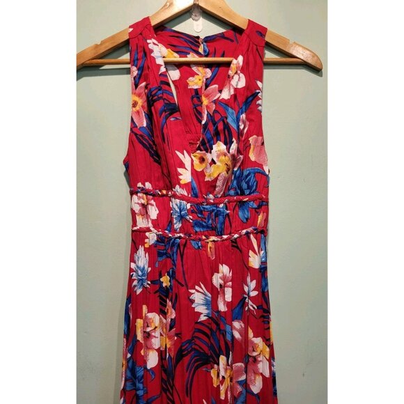 New Red Blue Hawiian Empire Waist Sleeveless Maxi Dress Japna Sz XS Tropical - Picture 1 of 8